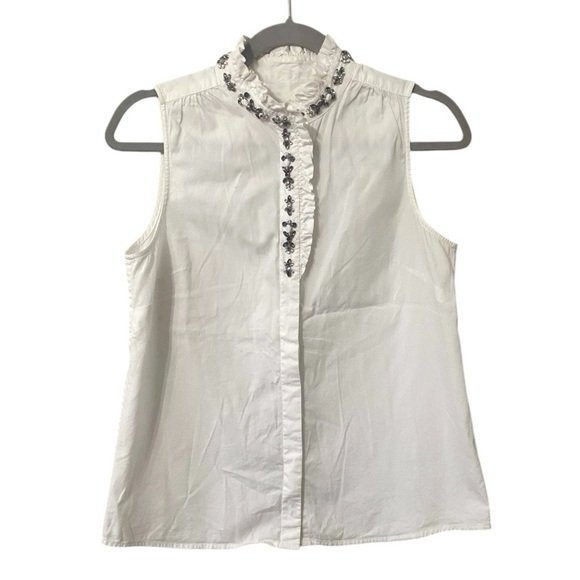 J. Crew Sleeveless Rhinestone Jewel Embellished White Button Up Top Blouse - Picture 1 of 7